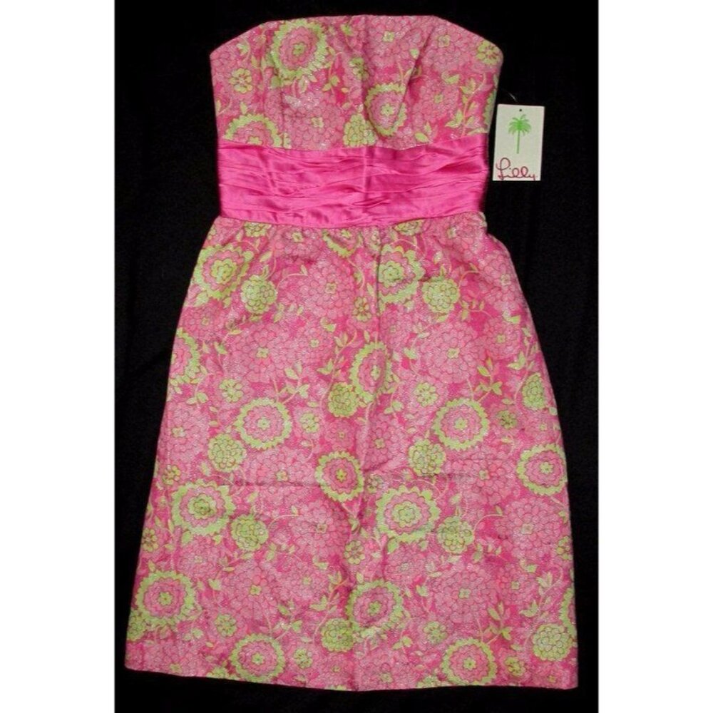 $425 NWT Lilly Pulitzer 0 2 Strapless Pink Chartreuse Mini Dress Shimmer VTG NOS